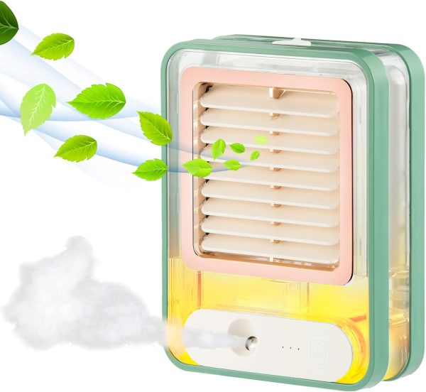 Small Desk Fan with Mist Spray,LED Night Light,Electric Battery Operated Water Misting Fan,USB Rechargeable Portable Quiet Mini Desktop Table Cooling Fan for Office,Camping,Indoor,Outdoor