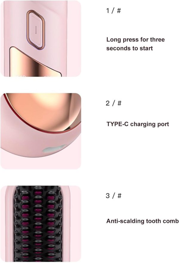Cordless Hair Straightener Brush, Portable Hair Straightening Comb for Women, Negative Ions, USB Rechargeable, Mini and Lightweight Hair Straightener for Travel (Pink) - Image 8