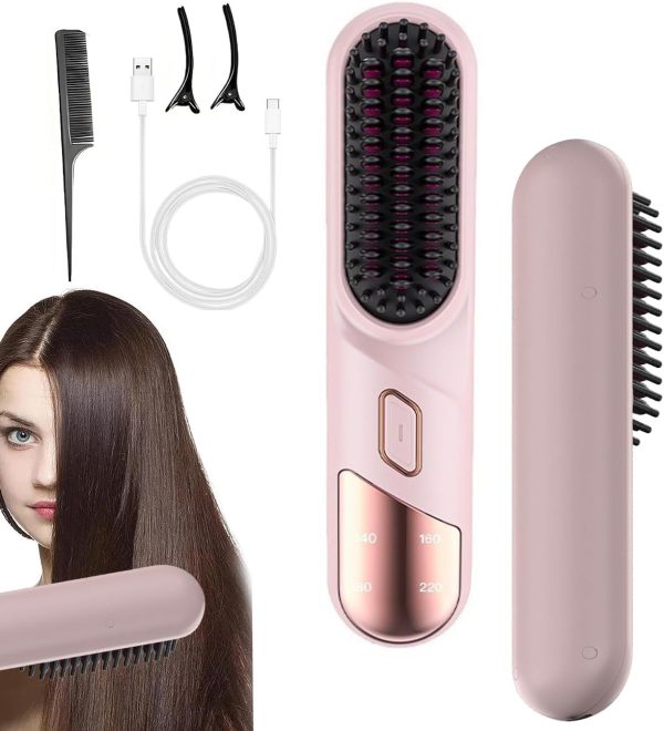 Cordless Hair Straightener Brush, Portable Hair Straightening Comb for Women, Negative Ions, USB Rechargeable, Mini and Lightweight Hair Straightener for Travel (Pink) - Image 2