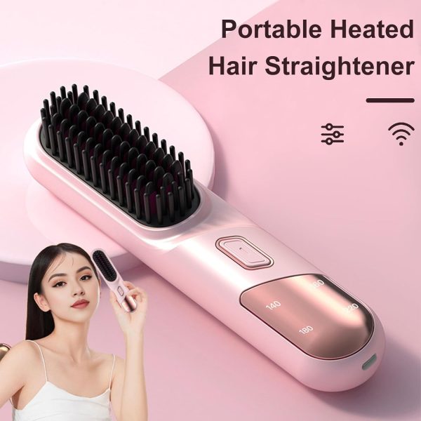 Cordless Hair Straightener Brush, Portable Hair Straightening Comb for Women, Negative Ions, USB Rechargeable, Mini and Lightweight Hair Straightener for Travel (Pink)