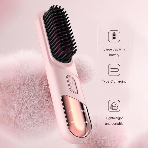 Cordless Hair Straightener Brush, Portable Hair Straightening Comb for Women, Negative Ions, USB Rechargeable, Mini and Lightweight Hair Straightener for Travel (Pink) - Image 3
