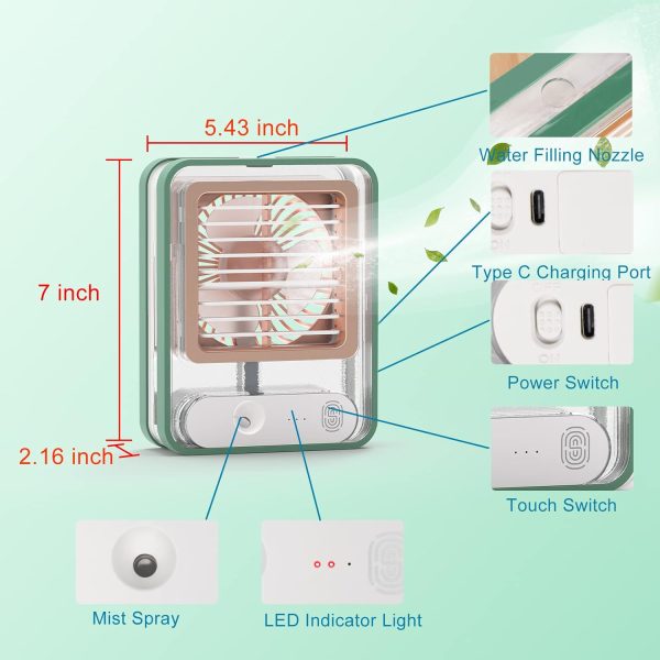Small Desk Fan with Mist Spray,LED Night Light,Electric Battery Operated Water Misting Fan,USB Rechargeable Portable Quiet Mini Desktop Table Cooling Fan for Office,Camping,Indoor,Outdoor - Image 3