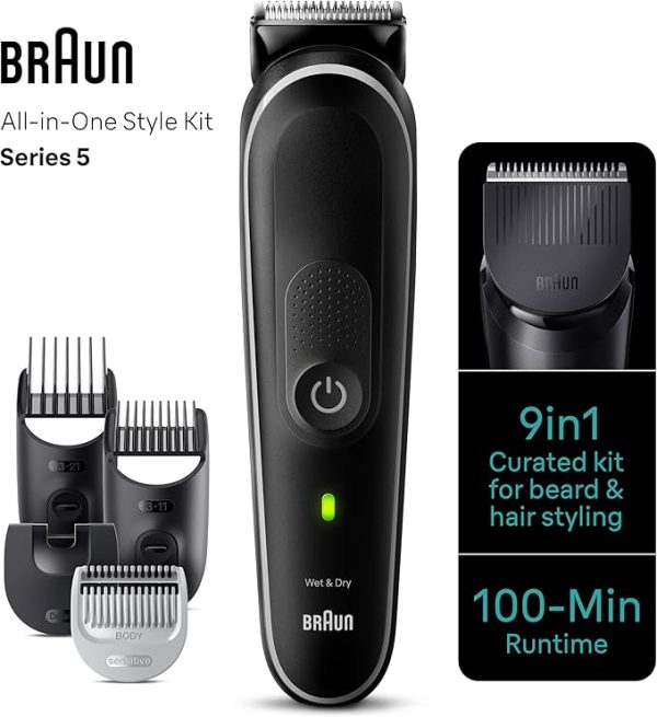 Braun 9-in-1 Multi Grooming Style Kit 5, MGK 5410, Head-To-Toe Grooming Curated Tools for Beard, Body, Ear & Nose trimming and hair clipping from home, With 100-min Runtime, Pouch, Grey - Image 3