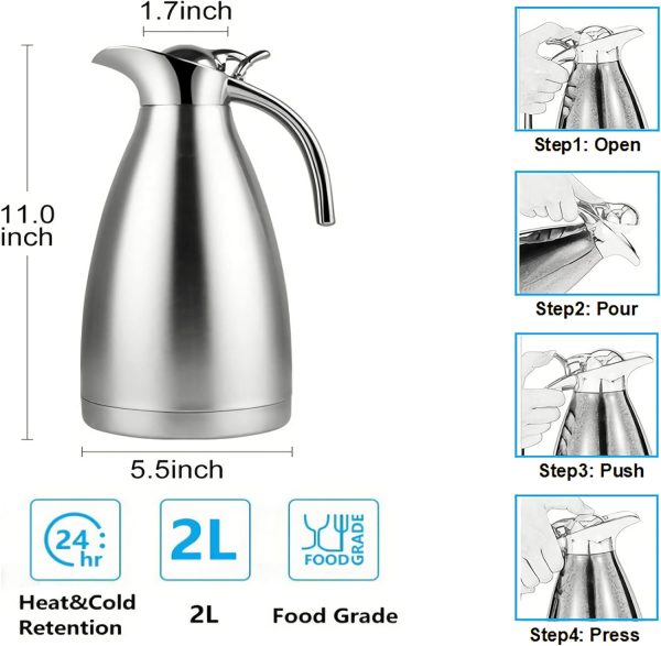 Thermal Coffee Carafe,68oz/2.0L/8Cups Stainless Steel Vacuum Thermal Pot,Double Walled Vacuum Flask,12-hour Heat and 24-hour Cold Retention Water ,Coffee Dispenser and Beverage Dispenser Pot - Image 5